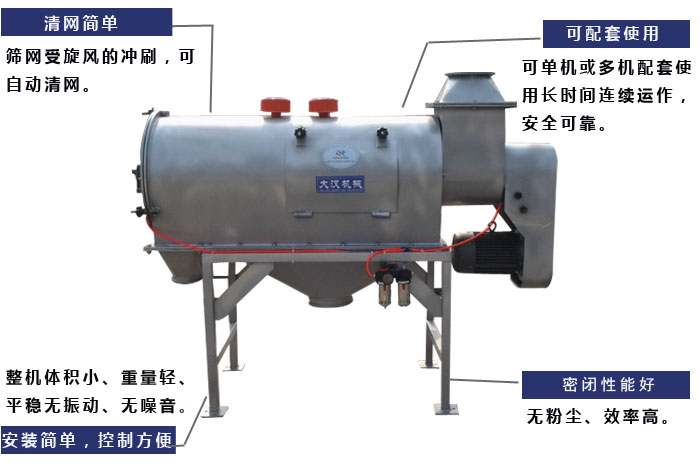 氣旋篩工作原理：篩網(wǎng)受旋風(fēng)的沖刷，可自動(dòng)清網(wǎng)，單機(jī)或多機(jī)配套使用長(zhǎng)時(shí)間連續(xù)運(yùn)作，安全可靠。