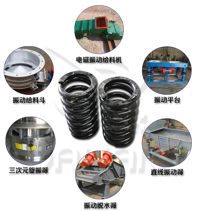 旋振篩減震彈簧適用產(chǎn)品：振動(dòng)給料機(jī)，電磁振動(dòng)給料機(jī)，振動(dòng)平臺(tái)，直線(xiàn)振動(dòng)篩，振動(dòng)脫水篩，三次元旋振篩。