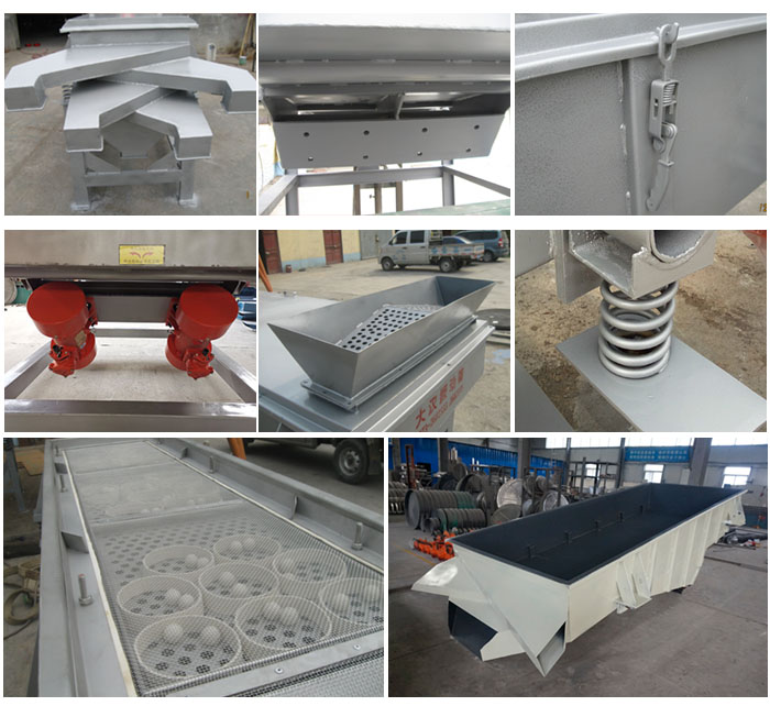 多層直線振動篩由進料口,底座,振動電機,篩網(wǎng),篩框,彈簧,出料口等組成。
