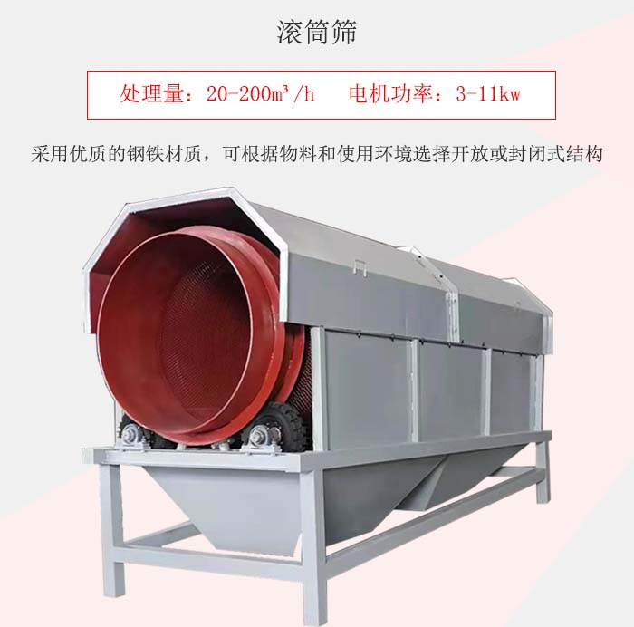 滾筒篩采用優(yōu)質的鋼鐵材質，可根據(jù)物料和使用環(huán)境選擇開放或封閉式結構