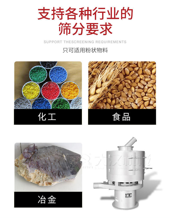氣流篩用于礦粉，石墨粉，活性納米碳酸鈣，鋁灰，大豆粉，碳酸重鈣，石墨粉，木粉，干草，重金石粉，藥粉末，橡膠顆粒，草酸鹽，干料粉，木粉，聚酯粉，干粉，塑料，金屬粉末，橡膠粉，粉煤灰，石墨粉，陶瓷粉，鋅粉，石英粉，石灰粉，鐵粉，金屬硅粉等。