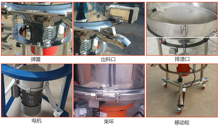 高頻振動篩結(jié)構(gòu)：電機，彈簧，出料口，排渣口，快拆束環(huán)等。