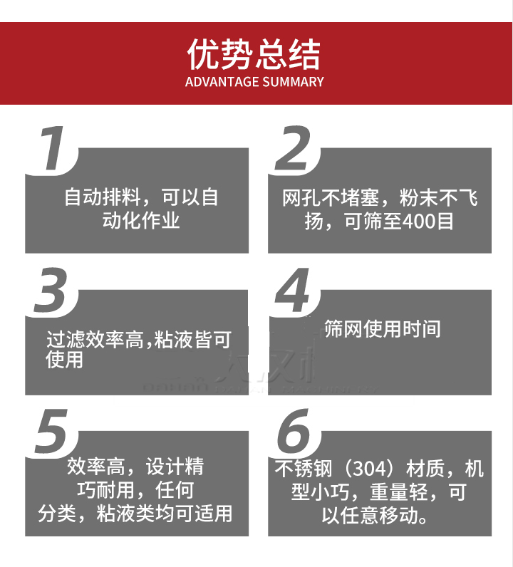 過濾篩優(yōu)勢(shì)總結(jié)：1，自動(dòng)排料，可以自動(dòng)化作用。2，網(wǎng)孔不堵塞，粉塵不飛揚(yáng)，可篩至400目。3，過濾效率高，任何粒，粉，粘液也可使用。4，篩網(wǎng)設(shè)計(jì)大大提高了篩網(wǎng)使用時(shí)間，也魏換網(wǎng)提高了方便。5，效率高，設(shè)計(jì)精巧耐用，任何分類設(shè)計(jì)精巧耐用，任何分類，粘液類均可適用。6，不銹鋼材質(zhì)機(jī)型小巧，重量輕，可以任意移動(dòng)。