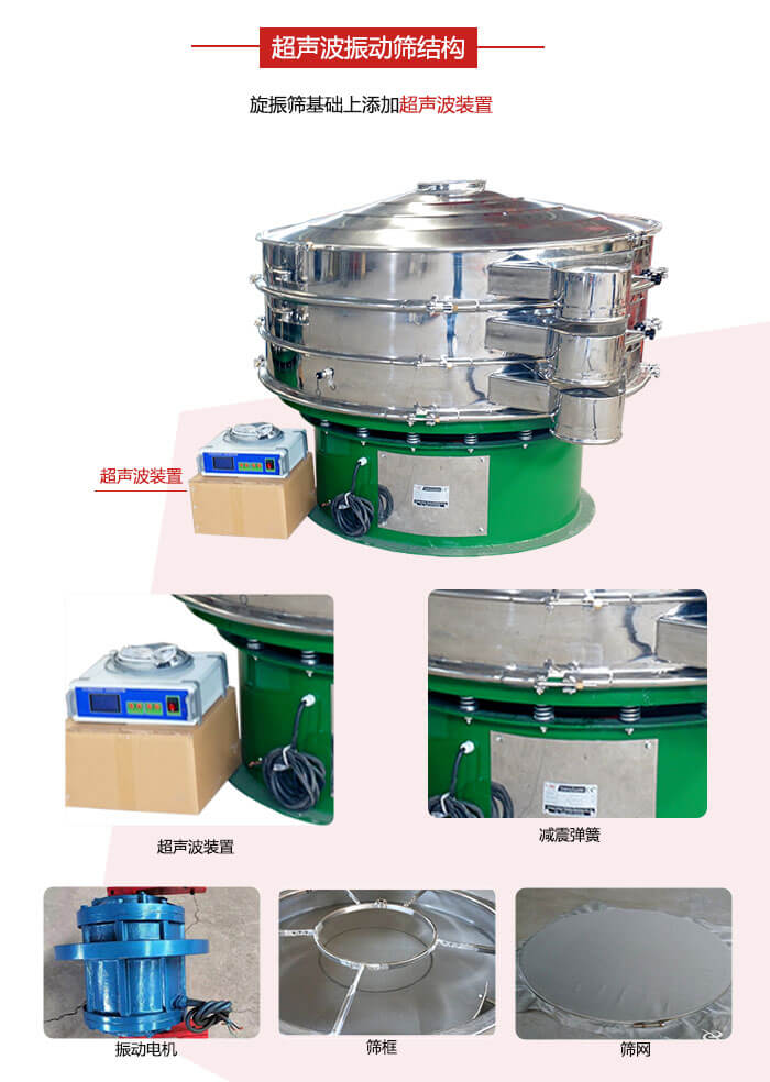 圓篩機(jī)內(nèi)部結(jié)構(gòu)：主要由振動(dòng)電機(jī)、篩框、篩網(wǎng)、超聲波系統(tǒng)、減震彈簧等展示圖