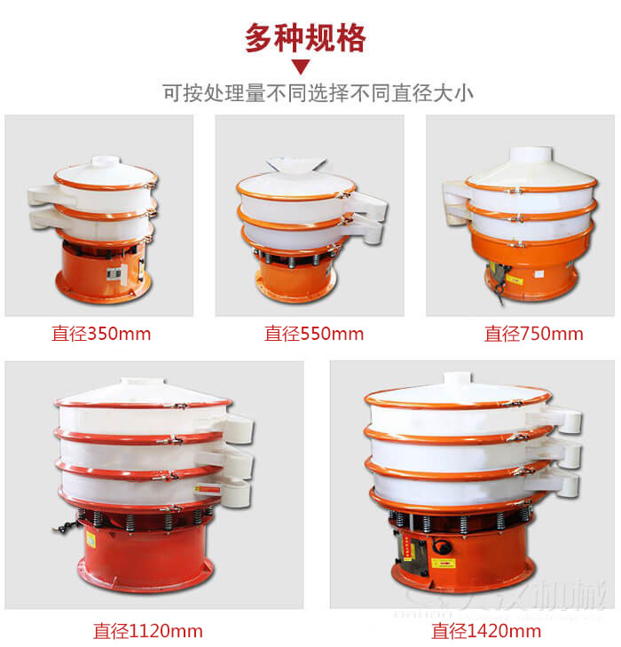 塑料振動篩不同篩分直徑進行展示：350，550，750，1120，1420等。
