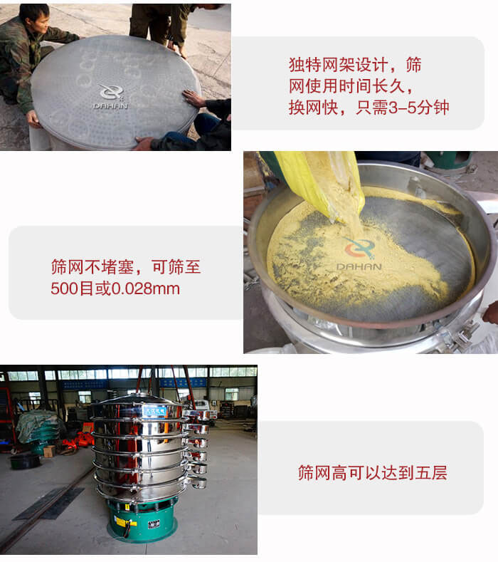 三次元振動(dòng)篩的特點(diǎn)：篩網(wǎng)使用時(shí)間長(zhǎng)換讓時(shí)間短，篩網(wǎng)不堵塞，可篩至500目或0.028mm。
