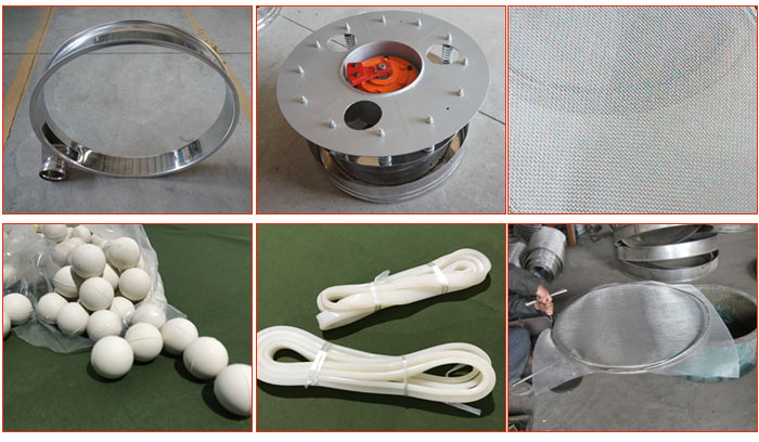 800型全不銹鋼振動篩配件有：振動篩篩框，電機(jī)，不銹鋼篩網(wǎng)等。
