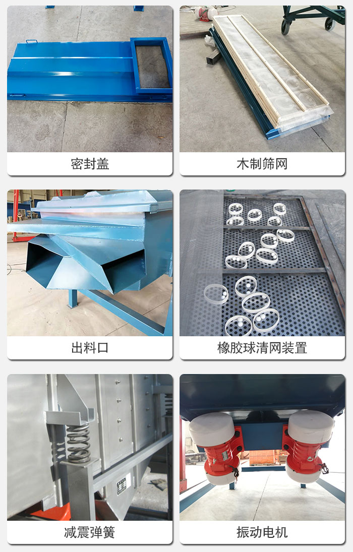 直線篩結(jié)構(gòu)展示：篩網(wǎng)，篩箱，振動電機，振動電機座，減震彈簧，支架等部件展示圖