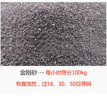 篩分金剛砂每小時100kg，有腐蝕性，過16、30、50目篩網(wǎng)