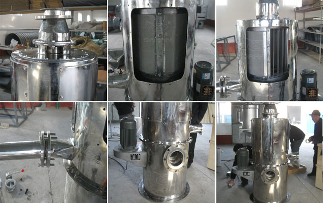 小型立式氣流篩細節(jié)：立式氣流篩篩網，立式氣流篩出料口，立式氣流篩電機。