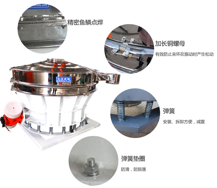 1500直排篩細節(jié)展示：彈簧，彈簧墊圈，加長銅螺母。