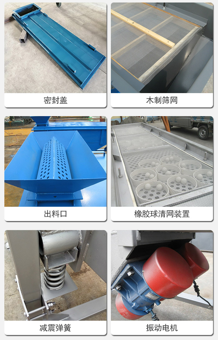 直線篩分機(jī)的結(jié)構(gòu)展示圖：篩箱是物料主要篩分設(shè)備之一，篩網(wǎng)用于篩分物料，振動電機(jī)幫助篩網(wǎng)篩分。
