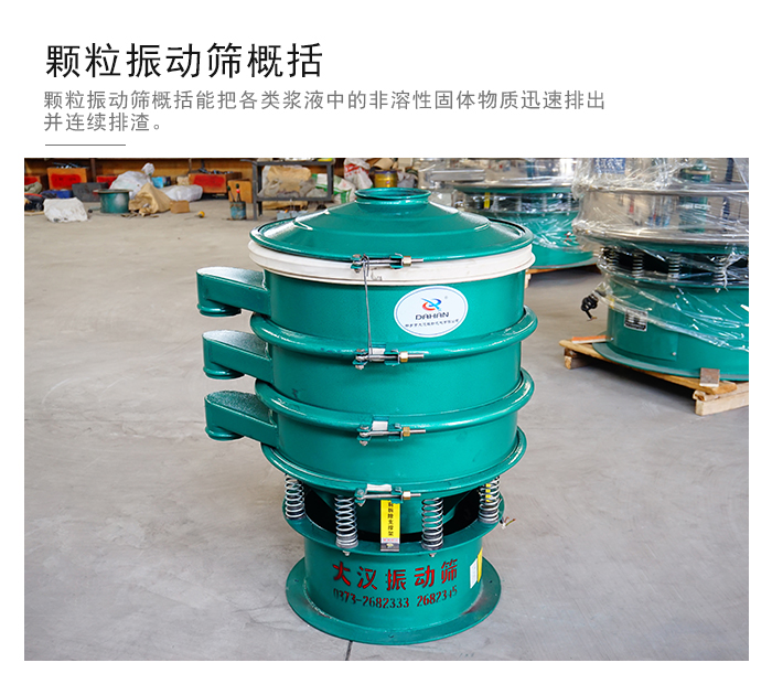 顆粒式振動篩是針對顆粒狀物料進行研發(fā)的，由于顆粒的形狀有很多的不同所以，廠家在清網(wǎng)裝置方面進行提升效率。