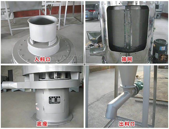 氣流篩部件展示：入料口，篩網(wǎng)，底座，出料口等。