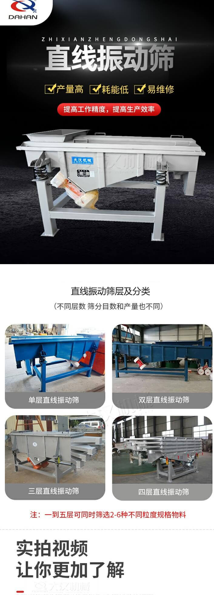 直線振動篩概述，產(chǎn)量高，耗能低，易維修，提高工作精度，提高生產(chǎn)效率，直線振動篩層級分類：不同層數(shù)，篩分目數(shù)和產(chǎn)量也不同：單層，雙層，三層，四層等。