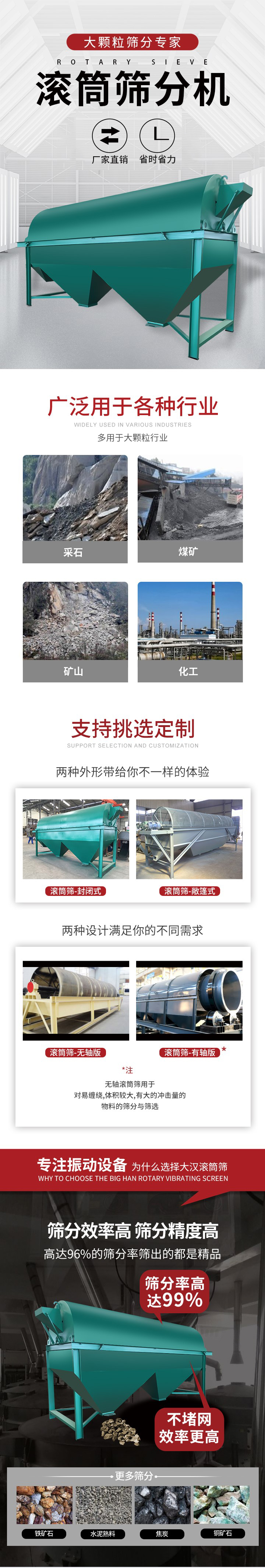 滾筒篩分機(jī)大顆粒篩分專(zhuān)家：廠家直銷(xiāo)，省時(shí)省力。滾筒篩被廣泛應(yīng)用各種行業(yè)：多用于大顆粒行業(yè)例如：采石，煤礦，礦山，化工等。滾筒篩定制類(lèi)型有哪些：封閉式與敞篷式產(chǎn)品結(jié)構(gòu)分為：無(wú)軸式，有軸式兩種，無(wú)軸滾筒篩用于對(duì)纏繞，體積較大，有大的沖擊量的物料的篩分與篩選。滾筒篩篩分效率高篩分精度能夠達(dá)到：96%也比較適用于鐵礦石，水泥熟料，焦炭，銅礦石。滾筒篩特點(diǎn)：不飛粉末：密封隔離罩，密封性好，工作過(guò)程不會(huì)出現(xiàn)飛粉現(xiàn)象。外型尺寸是按筒體長(zhǎng)計(jì)