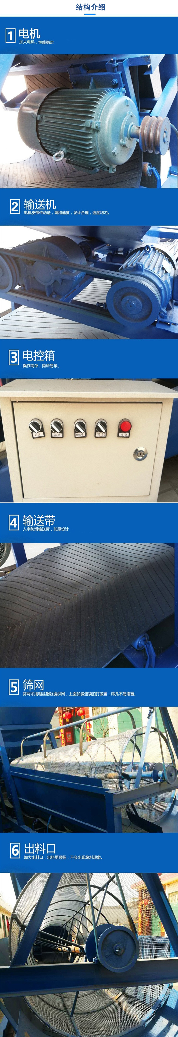 移動篩沙機結(jié)構(gòu):電機，加大電機，性能相對比較穩(wěn)定。輸送機：電機皮帶傳動送，調(diào)和速度，設計合理，速度均勻。電控箱：操作簡單，簡便易學。輸送帶：人字防滑輸送帶，加厚設計。篩網(wǎng)，采用粗絲鋼絲編織而成的篩網(wǎng)，上面加裝連續(xù)拍打裝置，篩孔不易堵塞。出料口：加大出料口，出料更順暢，不會出現(xiàn)堵料現(xiàn)象。