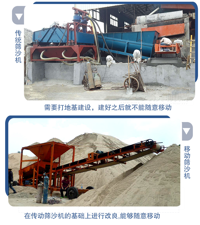 移動的篩沙機在安裝前需要打地基，而固定完畢后就不能隨意的移動，而移動篩沙機不需要打地并且隨時能夠進行移動。