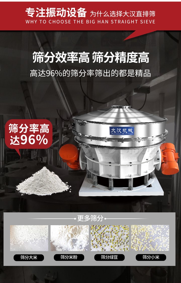 直排篩適用物料有面粉，淀粉，洗衣粉，金屬粉，添加劑，化工，非礦等行業(yè)。