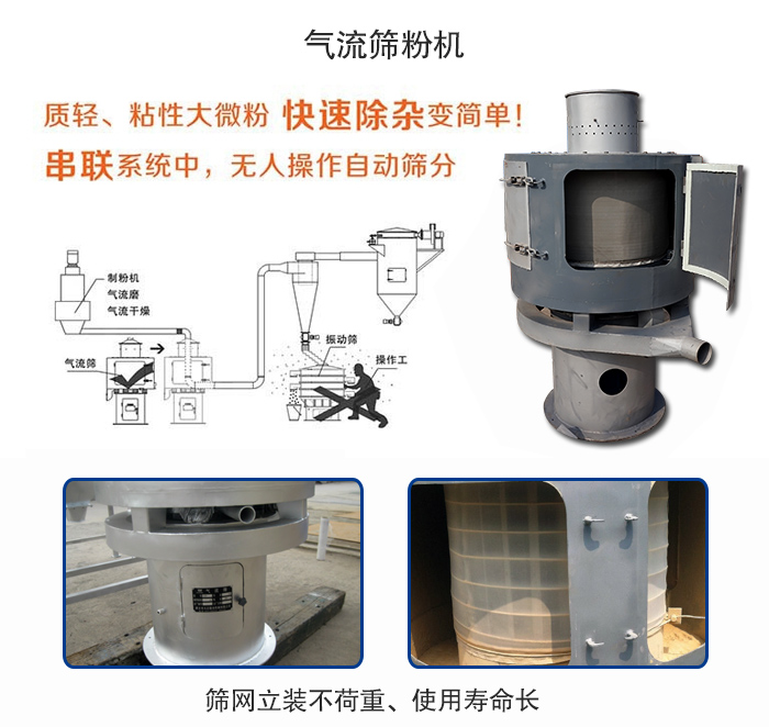 氣流篩粉機(jī)適用：質(zhì)輕，粘性大微粉采用串聯(lián)系統(tǒng)重，無(wú)人操作自動(dòng)篩分 特點(diǎn)：篩網(wǎng)立裝不負(fù)重，使用壽命長(zhǎng)。