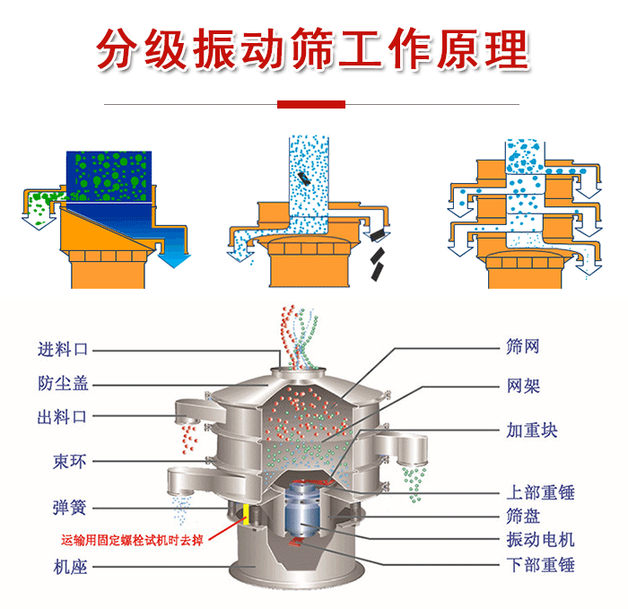 分級(jí)振動(dòng)篩內(nèi)部結(jié)構(gòu)：進(jìn)料口，防塵蓋，出料口，束環(huán)，彈簧，機(jī)座，篩網(wǎng)，網(wǎng)架，上部重錘，振動(dòng)電機(jī)，下部重錘。