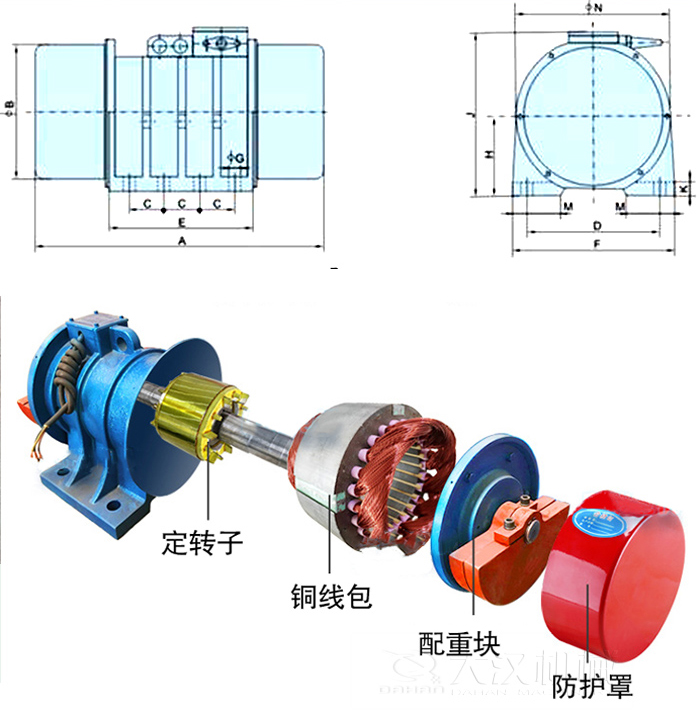 YZS振動(dòng)電機(jī)內(nèi)部主要部件：定轉(zhuǎn)子，銅線包，配重塊，防護(hù)罩。