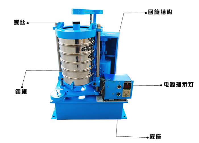 拍擊式標準振篩機的作用原理：主要振動部件；回旋結(jié)構(gòu)，篩框底座，電源指示燈。