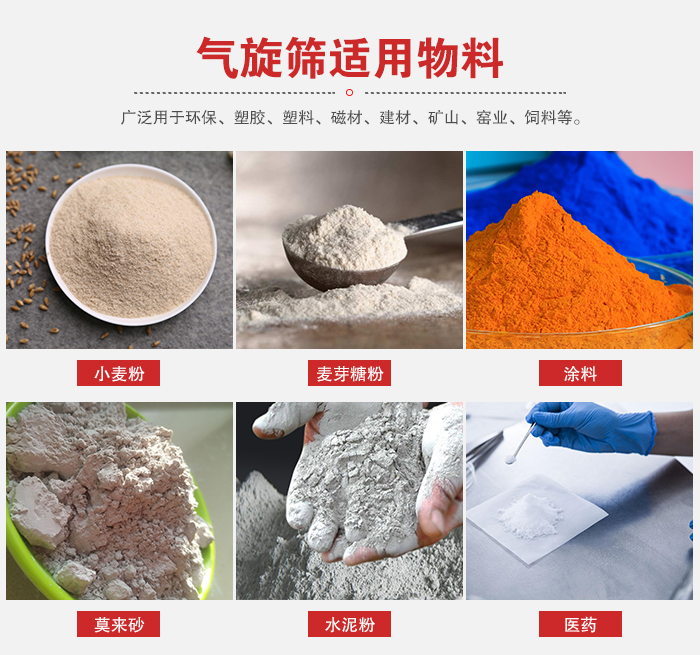 氣旋篩適用物料：小麥粉，麥芽糖粉，涂料，等粉狀物料。