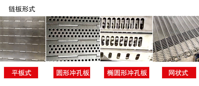 鏈板輸送機鏈板的不同形式：平板式，圓形沖孔板，網(wǎng)狀式等
