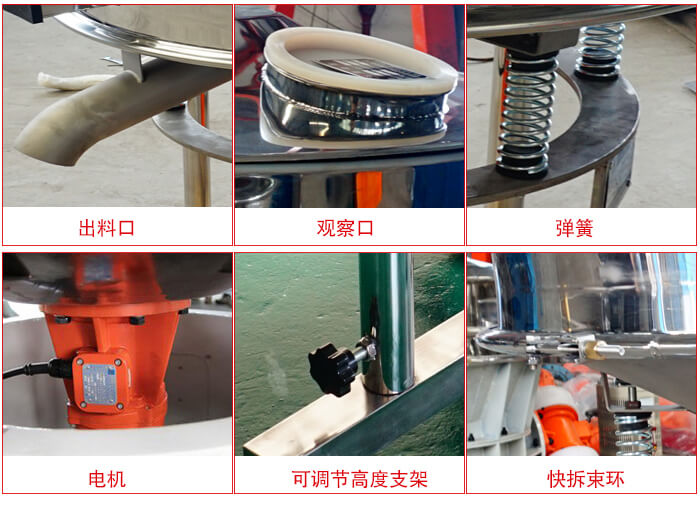 高頻篩細(xì)節(jié)展示：出料口，觀察口，彈簧，電機(jī)，可調(diào)節(jié)高度支架，快拆束環(huán)。