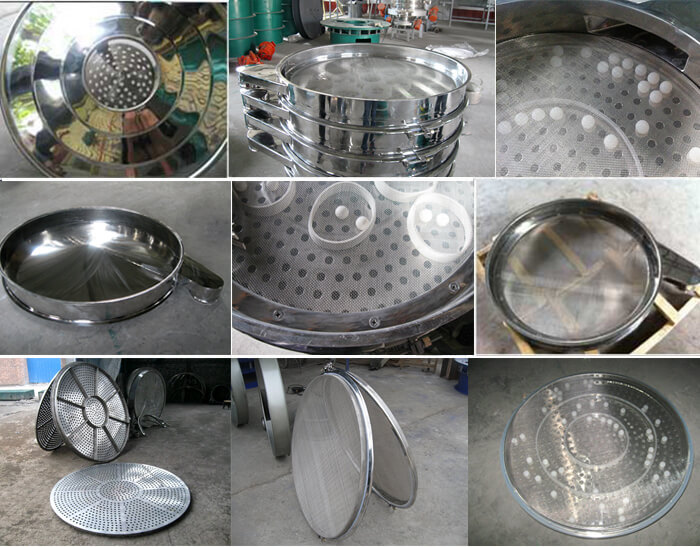 食品振動(dòng)篩細(xì)節(jié)展示：防塵蓋，篩框，網(wǎng)架，底框等。
